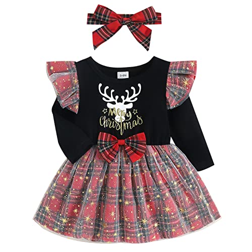 Geagodelia Baby Mädchen Weihnachten Kleid Outfit Prinzessin Weihnachtskleid Weihnachtsoutfit Langarm Babykleidung Neugeborene Weiche Kleidung My First Christmas (Schwarz 20, 0-6 Monate) von Geagodelia