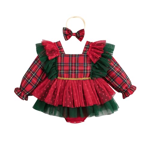 Geagodelia Baby Mädchen Weihnachten Kleid Outfit Weihnachtskleid Weihnachtsoutfit Prinzessin Body Langarm Babykleidung Neugeborene Weiche Kleidung My First Christmas (C - Rot & Grün, 3-6 Monate) von Geagodelia