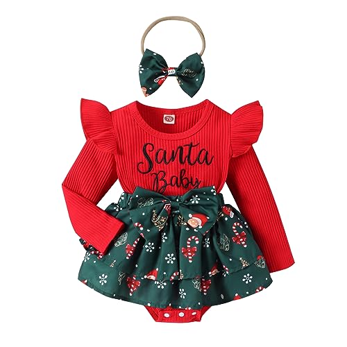 Geagodelia Baby Mädchen Weihnachten Kleid Outfit Weihnachtskleid Weihnachtsoutfit Prinzessin Body Langarm Babykleidung Neugeborene Weiche Kleidung My First Christmas (E - Rot & Grün, 12-18 Monate) von Geagodelia