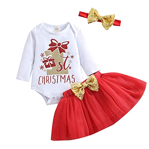 Geagodelia Baby Mädchen Weihnachten Outfit Kleidung Weihnachtsoutfit Babykleidung Set Body Strampler + Tüllrock Tütü Rock Neugeborene Babyset My First Christmas (Weiß 17 - Geschenk, 0-3 Monate) von Geagodelia