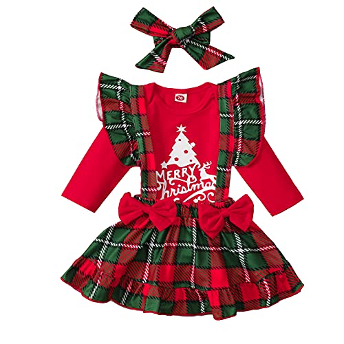 Geagodelia Baby Mädchen Weihnachten Outfit Kleidung Weihnachtsoutfit Babykleidung Set Body Strampler Top + Rock mit Hosenträger Neugeborene Babyset My First Christmas (Rot & Karierte 34, 6-12 Monate) von Geagodelia