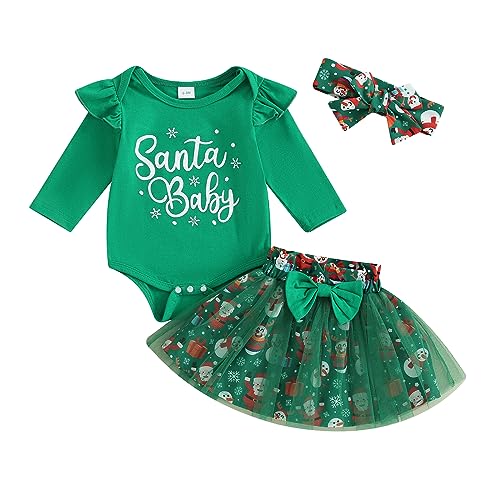 Geagodelia Baby Mädchen Weihnachten Outfit Kleidung Weihnachtsoutfit Babykleidung Set Langarm Body Strampler + Tüllrock Tütü Rock Neugeborene Babyset My First Christmas (A - Grün, 0-3 Monate) von Geagodelia