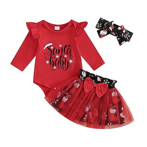 Geagodelia Baby Mädchen Weihnachten Outfit Kleidung Weihnachtsoutfit Babykleidung Set Langarm Body Strampler + Tüllrock Tütü Rock Neugeborene Babyset My First Christmas (A - Rot, 12-18 Monate) von Geagodelia