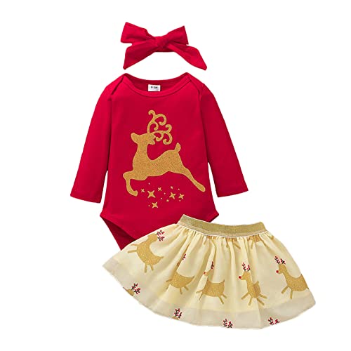 Geagodelia Baby Mädchen Weihnachtsoutfit Langarm Body + Mini Tutu Rock + Stirnband Mein Erstes Weihnachten Kleidung Set Neugeborene Babykleidung Set Baby Weihnachten Outfit (Rot A, 3-6 Monate) von Geagodelia