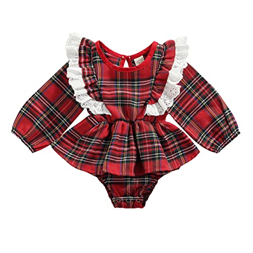 Geagodelia Baby Mädchen Weihnachtsstrampler Rot Kariert Body Langarm Bodykleid Weihnachtsoutfit Neugeborene Baby Prinzessin Festlich Strampler Mein Erstes Weihnachten Outfit (Rot A, 12-18 Monate) von Geagodelia