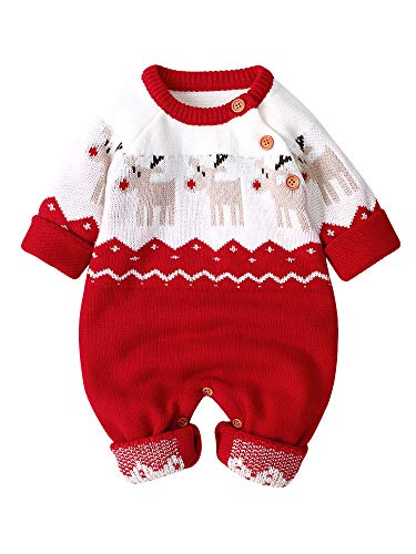 Geagodelia Baby-Strampler für Neugeborene, mit langen Ärmeln, gestrickt, für den Winter, 0-18 Monate, Motiv: Hirsch, Unisex, rot, 0-3 Monate von Geagodelia