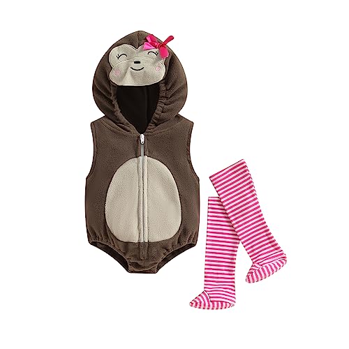 Geagodelia Baby Tier/Obst Kostüme Body mit Kapuze Ärmellos Zip Up Strampler + Gestreifte Strümpfe Mädchen Jungen Fasching Karneval Halloween Outfit (Affe, 0-6 Monate) von Geagodelia