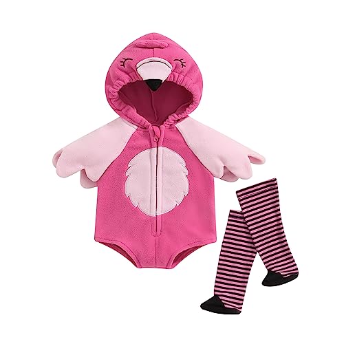 Geagodelia Baby Tier/Obst Kostüme Body mit Kapuze Ärmellos Zip Up Strampler + Gestreifte Strümpfe Mädchen Jungen Fasching Karneval Halloween Outfit (Flamingo, 0-6 Monate) von Geagodelia