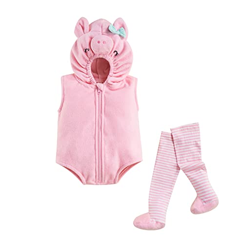 Geagodelia Baby Tier/Obst Kostüme Body mit Kapuze Ärmellos Zip Up Strampler + Gestreifte Strümpfe Mädchen Jungen Fasching Karneval Halloween Outfit (Schweinchen, 12-18 Monate) von Geagodelia