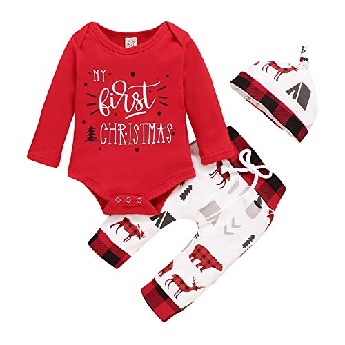 Geagodelia Baby Weihnachtsoutfit Mädchen Jungen Weihnachten Kleidung Langarm Body Weihnachtsstrampler + Hose + Mütze Babykleidung Set Neugeborenen 0-6 Monate 3tlg Outfits (Rot, 0-3 Monate) von Geagodelia