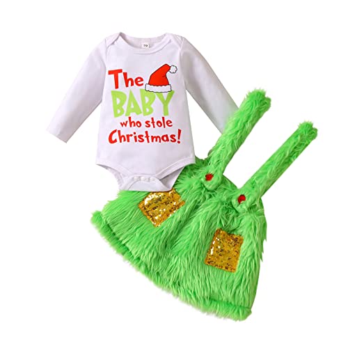 Geagodelia Baby Weihnachtsoutfit Mädchen Langarm Strampler Body + Grün Pelzig Rock mit Hosenträger Neugeborenes Mein Erstes Weihnachten Baby Kleidung Set Winter (Grün-Kleid, 0-6 Monate) von Geagodelia