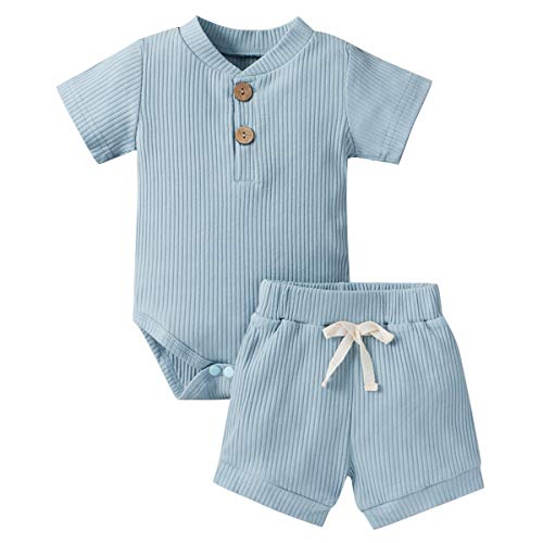 Geagodelia Babykleidung Set Baby Jungen Mädchen Kleidung Outfit Kurzarm Body Strampler + Shorts Neugeborene Weiche Einfarbige Babyset T-52508 (Blau, 0-3 Monate) von Geagodelia