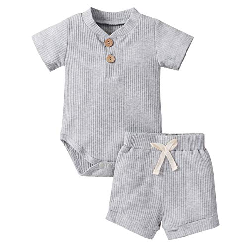 Geagodelia Babykleidung Set Baby Jungen Mädchen Kleidung Outfit Kurzarm Body Strampler + Shorts Neugeborene Weiche Einfarbige Babyset T-52508 (Grau, 0-3 Monate) von Geagodelia