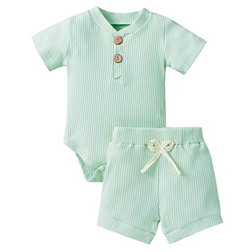 Geagodelia Babykleidung Set Baby Jungen Mädchen Kleidung Outfit Kurzarm Body Strampler + Shorts Neugeborene Weiche Einfarbige Babyset T-52508 (Hellgrün, 0-3 Monate) von Geagodelia