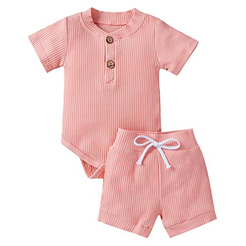 Geagodelia Babykleidung Set Baby Jungen Mädchen Kleidung Outfit Kurzarm Body Strampler + Shorts Neugeborene Weiche Einfarbige Babyset T-52508 (Pink, 0-3 Monate) von Geagodelia