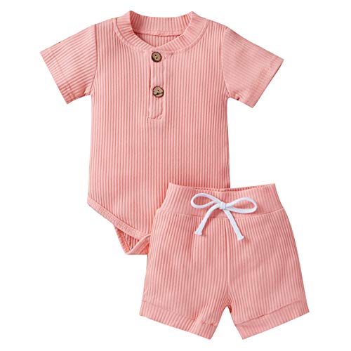 Geagodelia Babykleidung Set Baby Jungen Mädchen Kleidung Outfit Kurzarm Body Strampler + Shorts Neugeborene Weiche Einfarbige Babyset T-52508 (Pink, 6-12 Monate) von Geagodelia