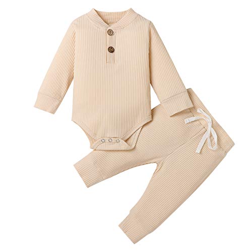 Geagodelia Babykleidung Set Baby Jungen Mädchen Kleidung Outfit Langarm Body Strampler + Hose Neugeborene Kleinkinder Weiche Einfarbige Babyset T-50753 (Beige, 12-18 Monate) von Geagodelia