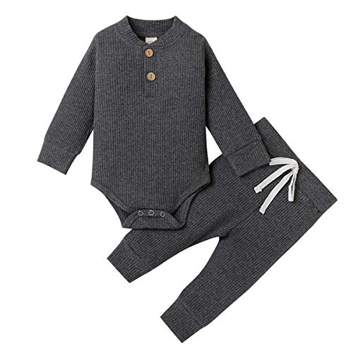 Geagodelia Babykleidung Set Baby Jungen Mädchen Kleidung Outfit Langarm Body Strampler + Hose Neugeborene Kleinkinder Weiche Einfarbige Babyset T-50753 (Dunkelgrau, 0-3 Monate) von Geagodelia