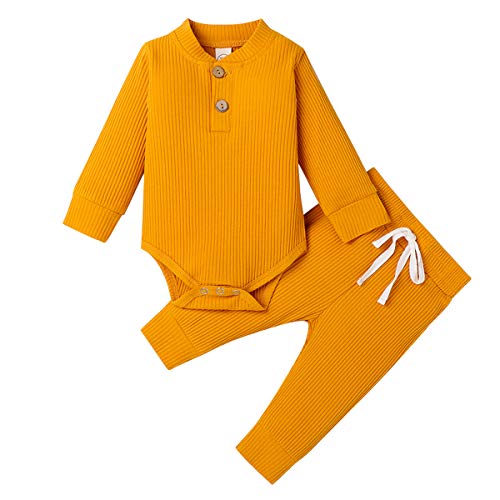 Geagodelia Babykleidung Set Baby Jungen Mädchen Kleidung Outfit Langarm Body Strampler + Hose Neugeborene Kleinkinder Weiche Einfarbige Babyset T-50753 (Gelb, 0-3 Monate) von Geagodelia