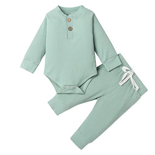 Geagodelia Babykleidung Set Baby Jungen Mädchen Kleidung Outfit Langarm Body Strampler + Hose Neugeborene Kleinkinder Weiche Einfarbige Babyset T-50753 (Grün, 6-12 Monate) von Geagodelia
