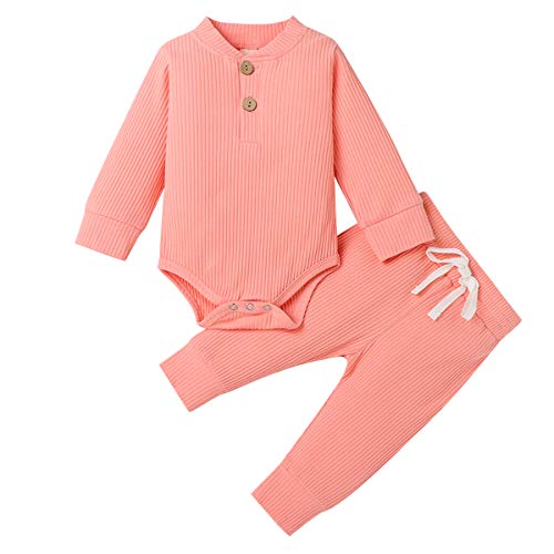 Geagodelia Babykleidung Set Baby Jungen Mädchen Kleidung Outfit Langarm Body Strampler + Hose Neugeborene Kleinkinder Weiche Einfarbige Babyset T-50753 (Pink, 6-12 Monate) von Geagodelia