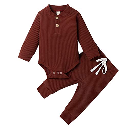 Geagodelia Babykleidung Set Baby Jungen Mädchen Kleidung Outfit Langarm Body Strampler + Hose Neugeborene Kleinkinder Weiche Einfarbige Babyset T-50753 (Rot Braun, 3-6 Monate) von Geagodelia