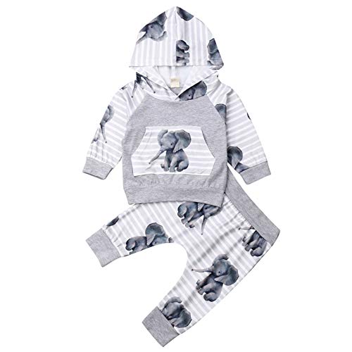 Geagodelia Babykleidung Set Baby Jungen Mädchen Kleidung Outfit Langarm Kapuzenpullover Top + Hose Neugeborene Weiche Babyset T-33958 (Grau & Weiß Elefant, 0-6 Monate) von Geagodelia