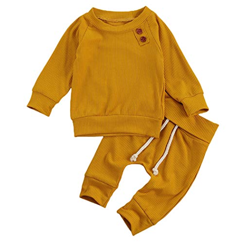 Geagodelia Babykleidung Set Baby Jungen Mädchen Kleidung Outfit Langarm T-Shirt Top + Hose Neugeborene Weiche Einfarbige Babyset T-8718 (Gelb, 0-3 Monate) von Geagodelia