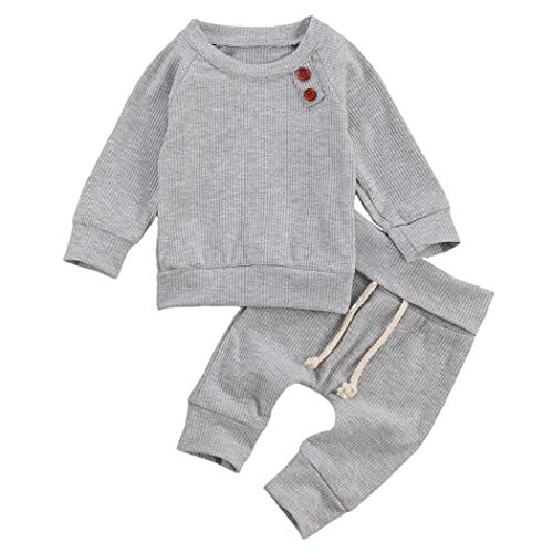 Geagodelia Babykleidung Set Baby Jungen Mädchen Kleidung Outfit Langarm T-Shirt Top + Hose Neugeborene Weiche Einfarbige Babyset T-8718 (Grau, 3-6 Monate) von Geagodelia