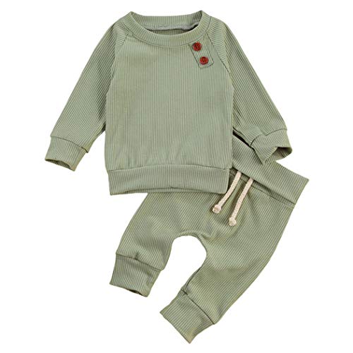 Geagodelia Babykleidung Set Baby Jungen Mädchen Kleidung Outfit Langarm T-Shirt Top + Hose Neugeborene Weiche Einfarbige Babyset T-8718 (Grün, 12-18 Monate) von Geagodelia