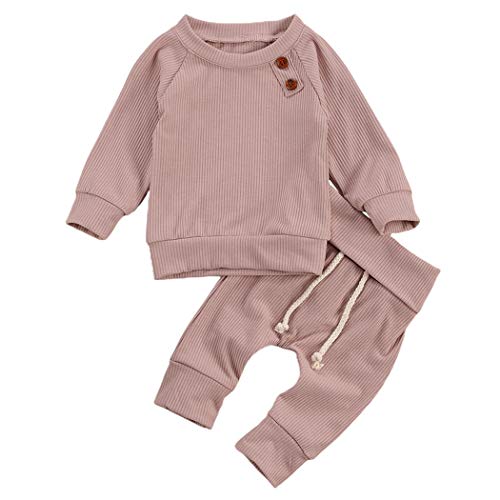 Geagodelia Babykleidung Set Baby Jungen Mädchen Kleidung Outfit Langarm T-Shirt Top + Hose Neugeborene Weiche Einfarbige Babyset T-8718 (Pink, 6-12 Monate) von Geagodelia