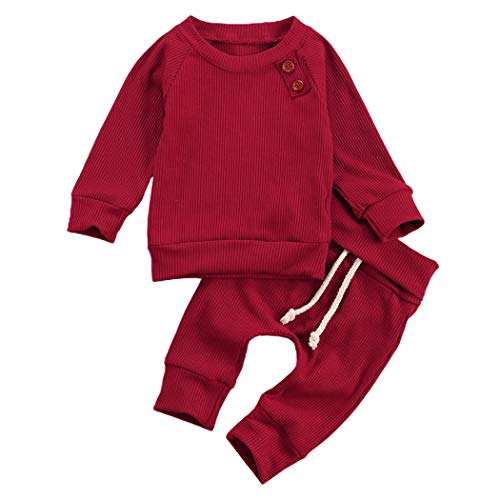 Geagodelia Babykleidung Set Baby Jungen Mädchen Kleidung Outfit Langarm T-Shirt Top + Hose Neugeborene Weiche Einfarbige Babyset T-8718 (Rot, 3-6 Monate) von Geagodelia