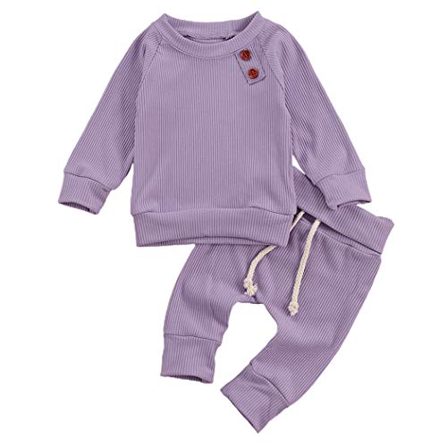 Geagodelia Babykleidung Set Baby Jungen Mädchen Kleidung Outfit Langarm T-Shirt Top + Hose Neugeborene Weiche Einfarbige Babyset T-8718 (Violett, 3-6 Monate) von Geagodelia