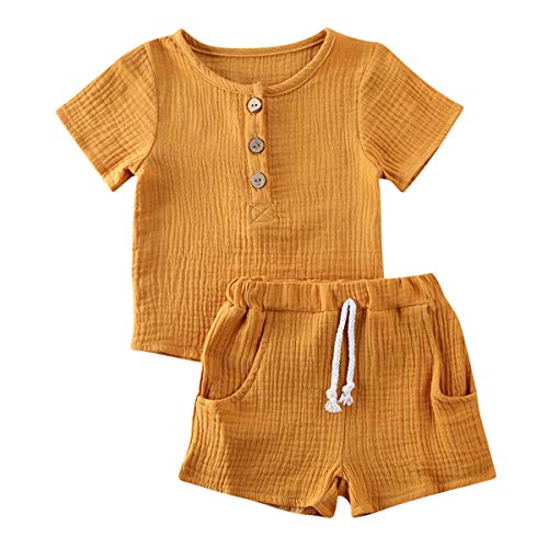 Geagodelia Babykleidung Set Baby Jungen Mädchen Kleidung Outfit T-Shirt Top + Hose Shorts Neugeborene Weiche Einfarbige Babyset T-47740 (Gelb - Kurzarm, 18-24 Monate) von Geagodelia