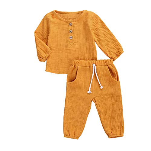Geagodelia Babykleidung Set Baby Jungen Mädchen Kleidung Outfit T-Shirt Top + Hose Shorts Neugeborene Weiche Einfarbige Babyset T-47740 (Gelb - Langarm, 12-18 Monate) von Geagodelia