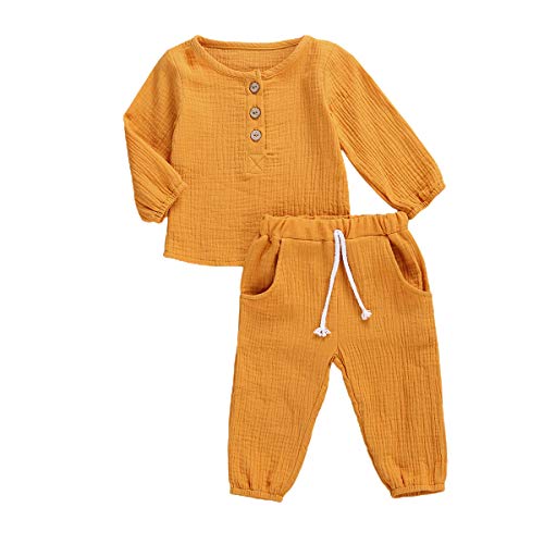 Geagodelia Babykleidung Set Baby Jungen Mädchen Kleidung Outfit T-Shirt Top + Hose Shorts Neugeborene Weiche Einfarbige Babyset T-47740 (Gelb - Langarm, 2-3 Jahre) von Geagodelia