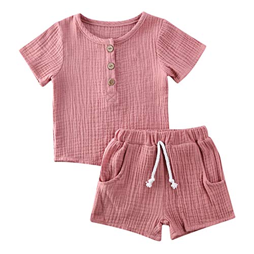 Geagodelia Babykleidung Set Baby Jungen Mädchen Kleidung Outfit T-Shirt Top + Hose Shorts Neugeborene Weiche Einfarbige Babyset T-47740 (Pink - Kurzarm, 6-12 Monate) von Geagodelia