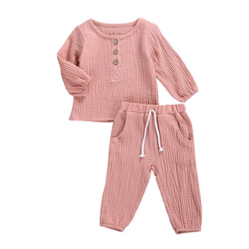 Geagodelia Babykleidung Set Baby Jungen Mädchen Kleidung Outfit T-Shirt Top + Hose Shorts Neugeborene Weiche Einfarbige Babyset T-47740 (Pink - Langarm, 12-18 Monate) von Geagodelia