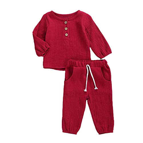 Geagodelia Babykleidung Set Baby Jungen Mädchen Kleidung Outfit T-Shirt Top + Hose Shorts Neugeborene Weiche Einfarbige Babyset T-47740 (Rot - Langarm, 6-12 Monate) von Geagodelia