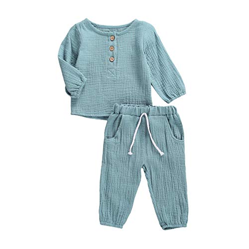 Geagodelia Babykleidung Set Baby Jungen Mädchen Kleidung Outfit T-Shirt Top + Hose Shorts Neugeborene Weiche Einfarbige Babyset T-47740 (Türkis - Langarm, 12-18 Monate) von Geagodelia