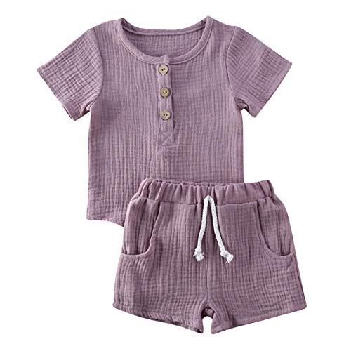 Geagodelia Babykleidung Set Baby Jungen Mädchen Kleidung Outfit T-Shirt Top + Hose Shorts Neugeborene Weiche Einfarbige Babyset T-47740 (Violett - Kurzarm, 18-24 Monate) von Geagodelia