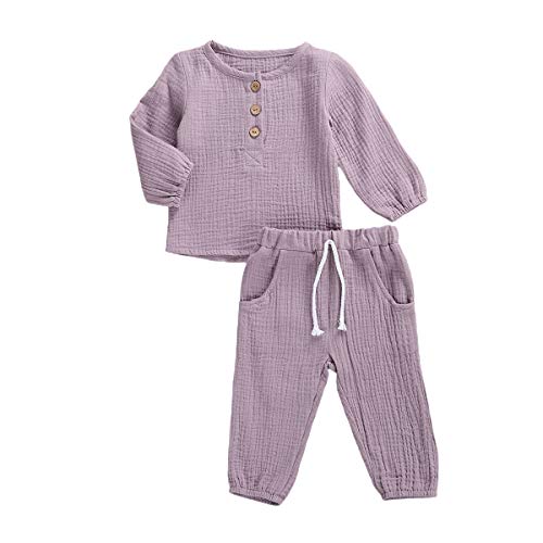 Geagodelia Babykleidung Set Baby Jungen Mädchen Kleidung Outfit T-Shirt Top + Hose Shorts Neugeborene Weiche Einfarbige Babyset T-47740 (Violett - Langarm, 12-18 Monate) von Geagodelia