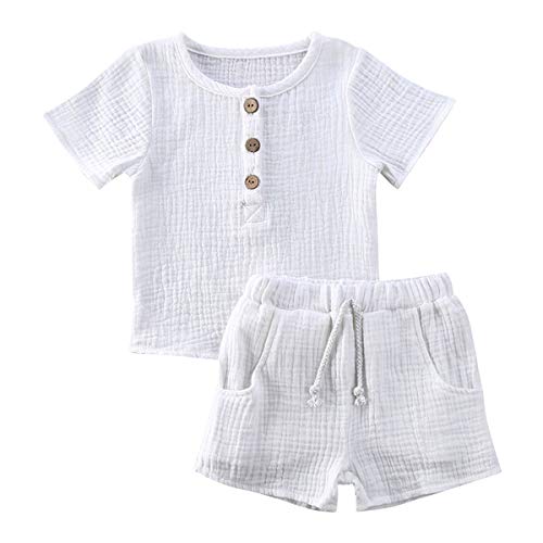Geagodelia Babykleidung Set Baby Jungen Mädchen Kleidung Outfit T-Shirt Top + Hose Shorts Neugeborene Weiche Einfarbige Babyset T-47740 (Weiß - Kurzarm, 6-12 Monate) von Geagodelia