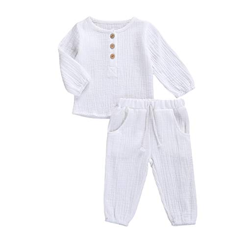 Geagodelia Babykleidung Set Baby Jungen Mädchen Kleidung Outfit T-Shirt Top + Hose Shorts Neugeborene Weiche Einfarbige Babyset T-47740 (Weiß - Langarm, 18-24 Monate) von Geagodelia