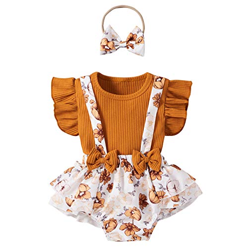 Geagodelia Babykleidung Set Baby Mädchen Kleidung Outfit Ärmellos Top T-Shirt + Shorts mit Hosenträger + Stirnband Neugeborene Weiche Sommer Babyset (Braun 97, 0-3 Monate) von Geagodelia