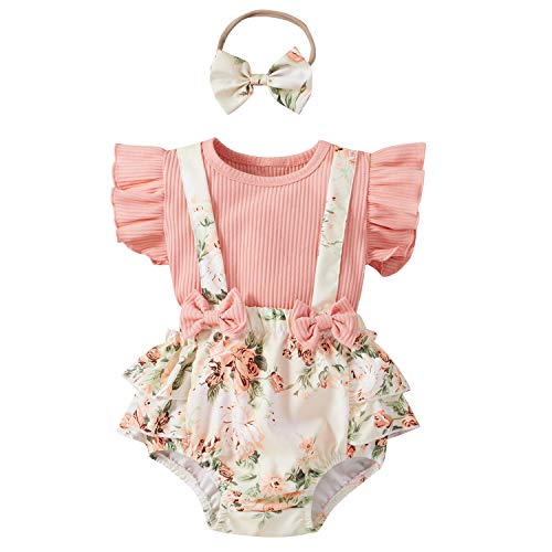 Geagodelia Babykleidung Set Baby Mädchen Kleidung Outfit Ärmellos Top T-Shirt + Shorts mit Hosenträger + Stirnband Neugeborene Weiche Sommer Babyset (Pink 97, 3-6 Monate) von Geagodelia
