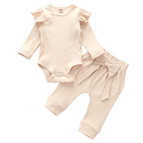 Geagodelia Babykleidung Set Baby Mädchen Kleidung Outfit Langarm Body Strampler + Hose Neugeborene Weiche Einfarbige Babyset T-45461 (Beige, 0-6 Monate) von Geagodelia