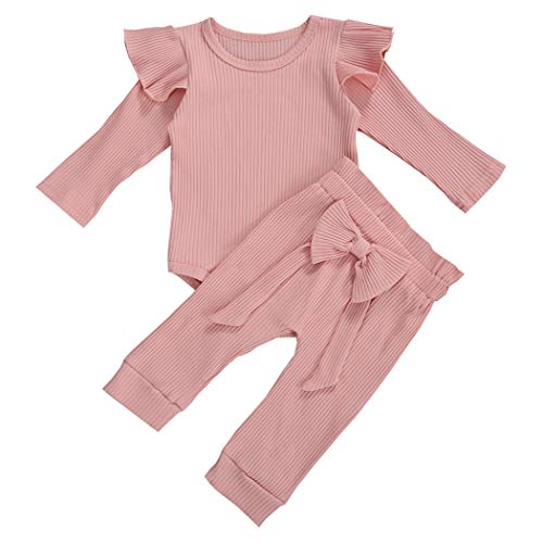 Geagodelia Babykleidung Set Baby Mädchen Kleidung Outfit Langarm Body Strampler + Hose Neugeborene Weiche Einfarbige Babyset T-45461 (Pink, 0-6 Monate) von Geagodelia