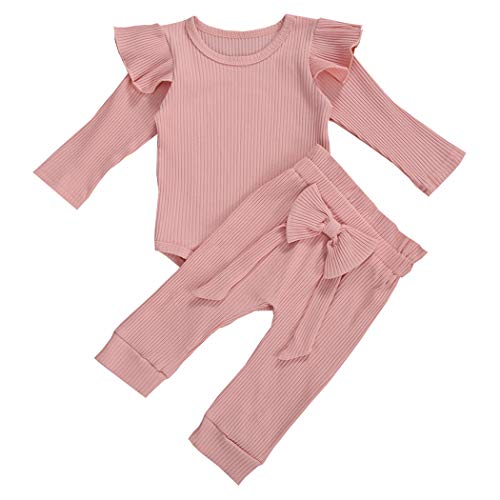 Geagodelia Babykleidung Set Baby Mädchen Kleidung Outfit Langarm Body Strampler + Hose Neugeborene Weiche Einfarbige Babyset T-45461 (Pink, 6-12 Monate) von Geagodelia