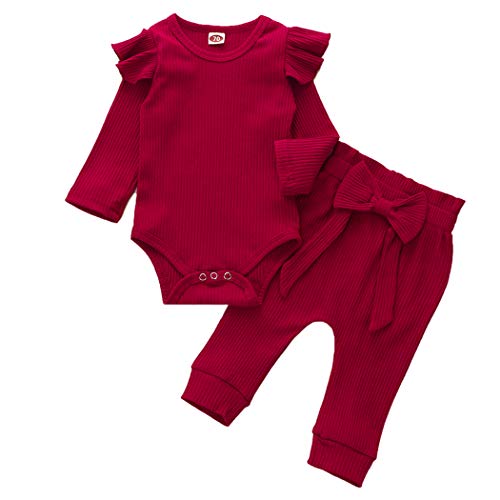 Geagodelia Babykleidung Set Baby Mädchen Kleidung Outfit Langarm Body Strampler + Hose Neugeborene Weiche Einfarbige Babyset T-45461 (Rot, 12-18 Monate) von Geagodelia